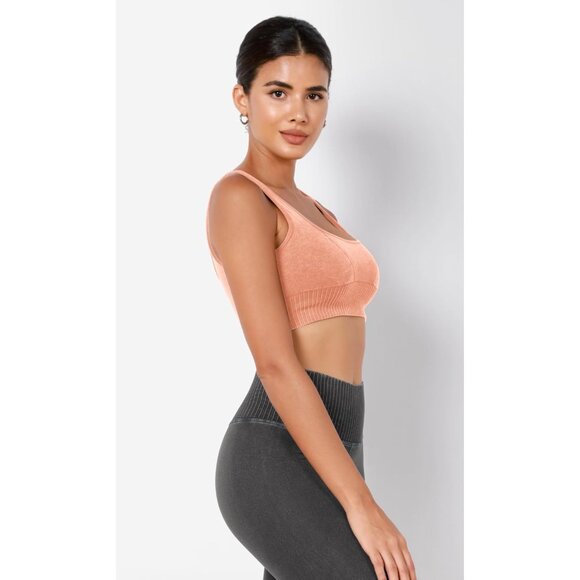 Women's Stone Washing Orange Square Neck Low Back Ribbed Cropped Sports Bra - Picture 3 of 5